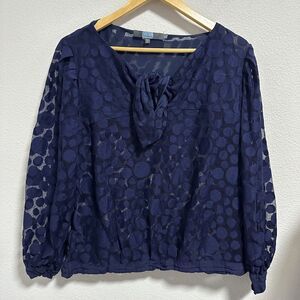 Anthropologie Eva Franco Lace Sheer Top Blouse Long Sleeve Navy Shiffon Large